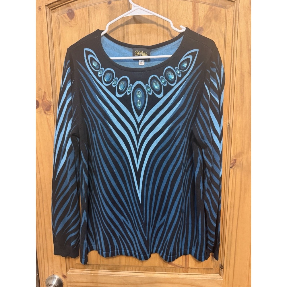 NWT Bob Mackie Wearable Art Sweater Womens Large Blue Black Embellished Knit Top